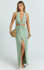 Brooklyn Maxi Dress - Halter Neck Knot Detail Front Split Maxi Dress in Sage