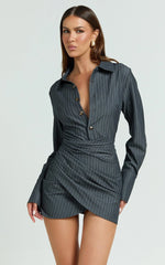 Desiree Mini Dress - Long Sleeve Wrap Skirt Shirt Dress in Grey