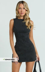 Olenna Mini Dress - High Neck Fitted Denim Dress in Washed Black