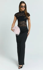 Ellen Maxi Dress - Lace Square Neck Contrast Skirt Dress in Black