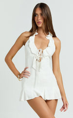 Barley Mini Dress - Ruffle Halter Tie Front Flounced Skirt Dress in White