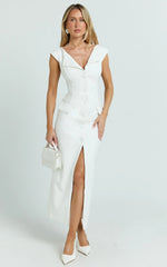 Calista Midi Dress - Boat Neck Button Down Pencil Dress in White