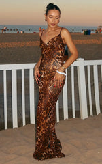Hilary Maxi Dress - Sheer Cowl Neck Slip Dress in Leopard