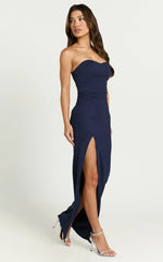 Oriella Maxi Dress - Panelled Thigh Split Strapless Dress in Navy