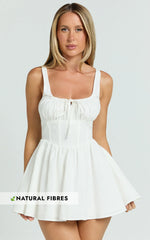 Keegan Mini Dress - Ruched Bust Front Tie Gathered Skirt Dress in White