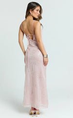 Elysia Maxi Dress - Sequin Straight Neck Tie Back Dress in Pale Pink