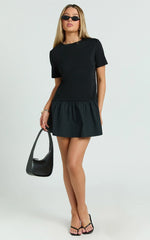 Kym Mini Dress - Tee Shirt Top Drop Waist Gathered Full Skirt Dress in Black