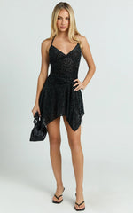 Joel Mini Dress - Jersey Halter Neck Asymmetric Hem Dress in Black