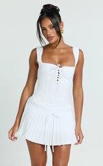 Fraida Mini Dress - Lace Front Dropped Waist Pleated Dress in White