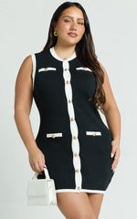 Branson Mini Dress - Sleeveless Button Down Knitted Dress in Black