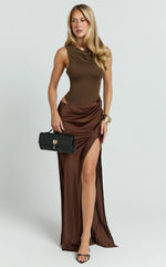 Pepper Maxi Dress - High Neck Bodysuit with Draped Skirt in Chocolate