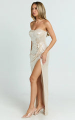 Delilah Maxi Dress - Sequin Strapless High Leg Split Fitted Dress in Gold