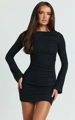 Brenda Mini Dress - Boat Neck Rib Knit Bodycon Dress in Black