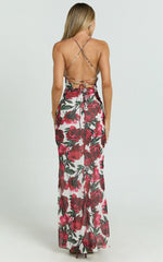 Lenny Maxi Dress - Bias Slip Lace Up Back Dress in Rose Blanca Floral