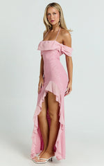 Mirabella Maxi Dress - Off Shoulder Asymmetrical Ruffle Split Dress in Blush