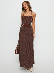 Marguerite Halter Maxi Dress Brown Polka Dot