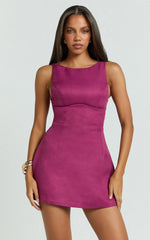 Raquelle Mini Dress - Boucle Boat Neck V Back Fit and Flare Dress in Burgundy