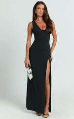 Raya Maxi Dress - Deep V Neck Low Back Bodycon Dress in Black