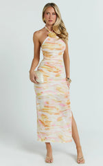 Nessa Midi Dress - Halterneck Ruched Fitted Shell Trim Fitted Mesh Print Dress in Ocean Foam Print