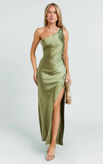 Isla Maxi Dress - Satin One Shoulder Side Split Dress in Olive