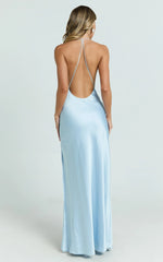 Kendall Maxi Dress - Satin Scoop Neck Low Back Bias Cut Dress in Blue