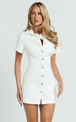 Laine Mini Dress - Button Down Denim Shirt Dress in White