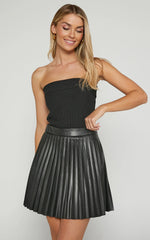 Kiva Mini Skirt - Faux Leather High Waisted Pleated Skirt in Black
