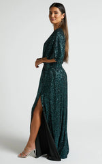 Miyah Maxi Dress - Sequin Plunge Short Sleeve Dress in Emerald