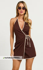 Connie Mini Dress - Linen Halter Neck Wrap Dress in Chocolate
