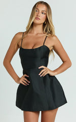 Carolina Mini Dress - Scoop Neck Panel Bodice Dress in Black