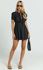 Hattie Mini Dress - Tie Front Puff Sleeve Dress in Black