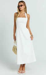 Karissa Midi Dress - Halter Neck Fitted Bodice Midi Soft A Line Skirt Dress in White
