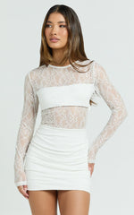 Imelda Mini Dress - Contrast Lace Long Sleeve Ruched Bodycon Dress in Cream