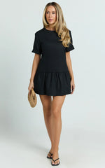Lyons Mini Dress - High Neck Short Sleeve Drop Waist Gathered Skirt Dress in Black