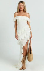 Brigitte Maxi Dress - Halter Off Shoulder Georgette Ruffle Tiered Dress in Cream