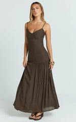 Collins Maxi Dress - V Neck Dropped Waist Gathered Maxi Dress in Chocolate