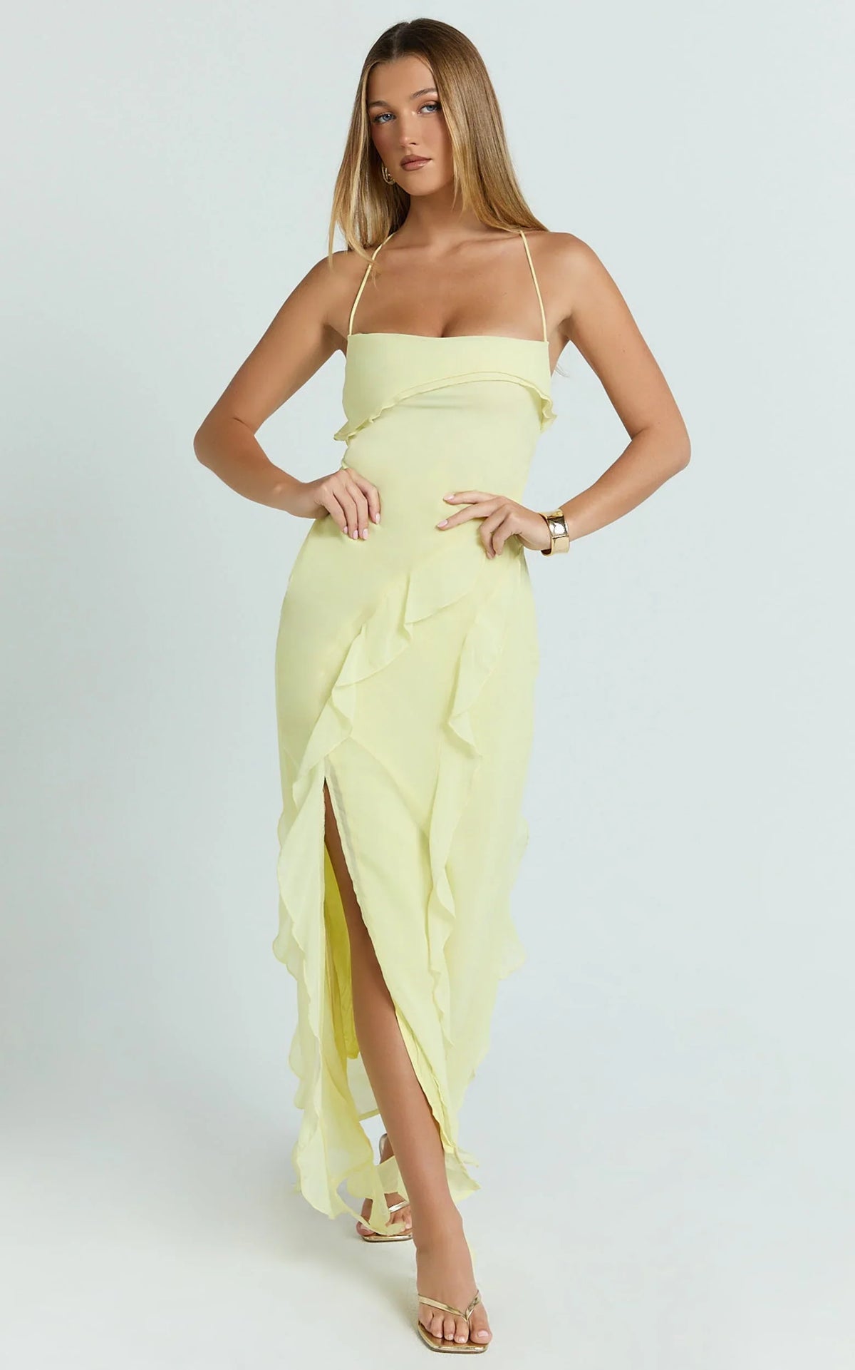 Connie Midi Dress - Ruffle Detail Dress in Lemon