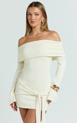 Rhianna Mini Dress - Knitted Off Shoulder Tie Waist Mini Dress in Cream