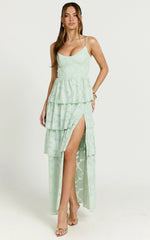 Janezkie Maxi Dress - Femme Tiered Jacquard Formal Dress in Mint