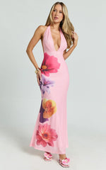 Jessy Maxi Dress - Halter Floral Dress with Scarf in Pink Floral