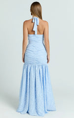 Bijou Maxi Dress - Embroidery Deep V Halter Ruched Dress in Ice Blue