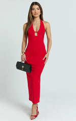 Ricki Maxi Dress - Plunge Halter Low Back Bodycon Dress in Rose Red