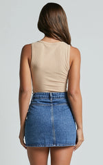 Gertrude Mini Skirt - High Waist Button Through Denim Skirt in Mid Blue Wash