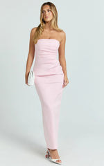 Jamie Midi Dress - Strapless Ruched Fitted Column Dress in Pink