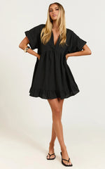 Calissa Mini Dress - Frill Hem Smock Dress in Black