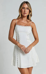 Gelli Mini Linen Blend Dress - Strappy Lace Detail Dress in White