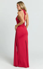 Dixie Maxi Dress - Plunge Halter Low Back Dress in Cherry