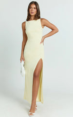 Audette Maxi Dress - Boat Neck Ruched Fitted Dress in Lemon