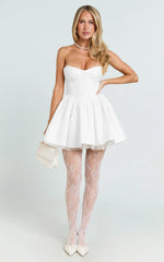 Charlize Mini Dress - Satin Sweetheart V Waist Fit And Flare Dress in White
