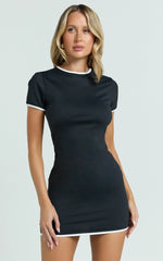 Chester Mini Dress - Contrast Crew Neck Short Sleeve Bodycon Dress in Black